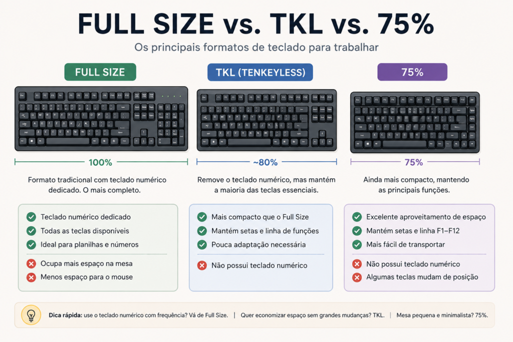 Comparação entre teclados Full Size, TKL e 75% para trabalhar