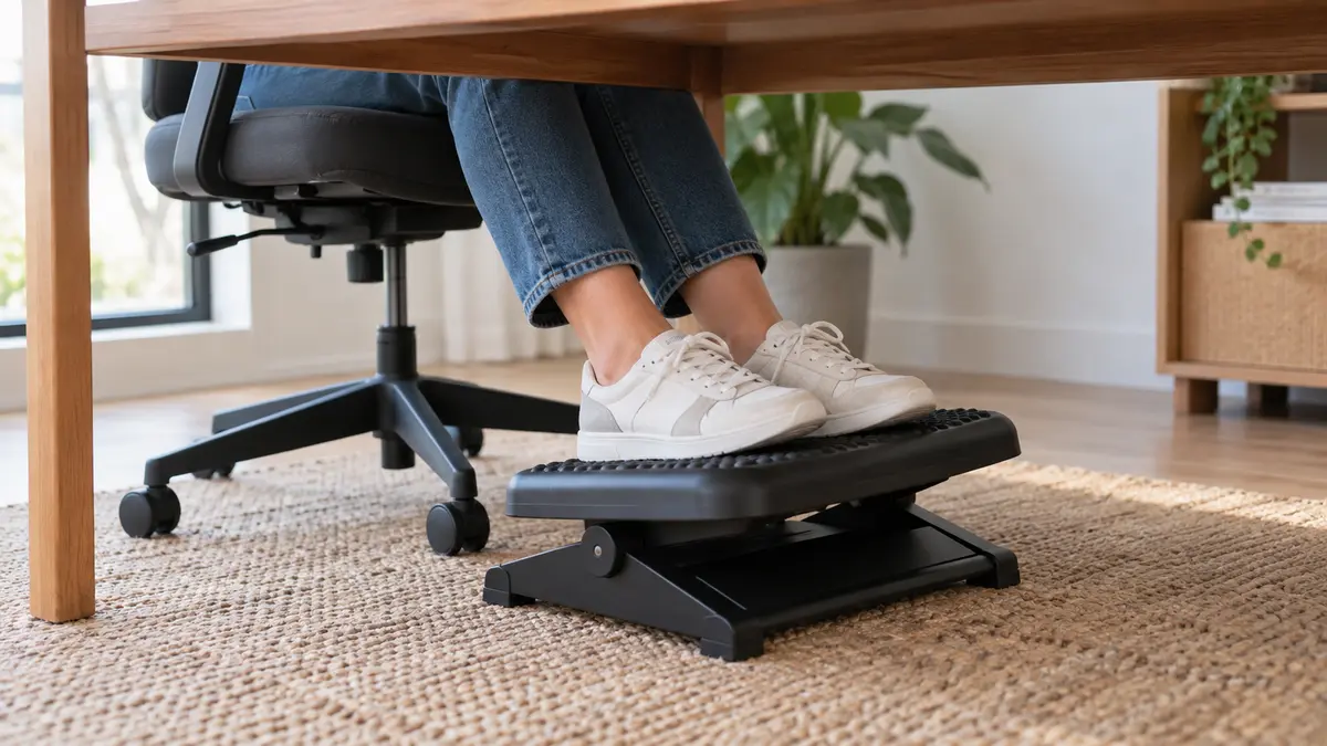 Pessoa sentada com os pés apoiados em uma plataforma ajustável sob a mesa de trabalho.