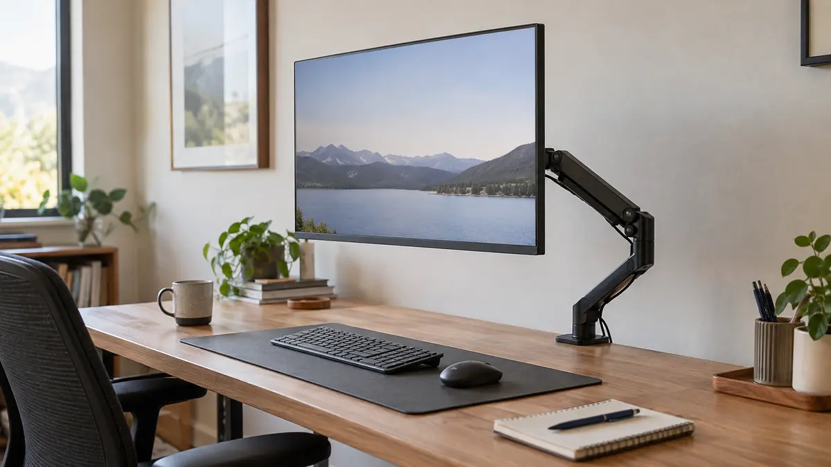 Monitor instalado em um braço articulado sobre uma mesa de trabalho organizada.