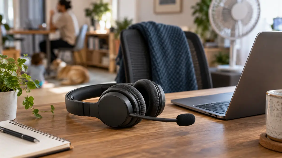 Headset over-ear com microfone sobre uma mesa de trabalho em um ambiente doméstico compartilhado.