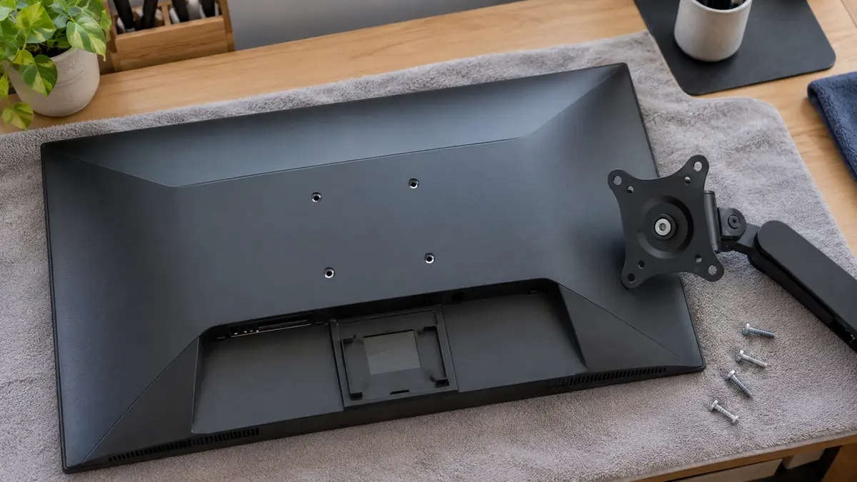 Parte traseira de um monitor com pontos de fixação VESA e uma placa de braço articulado ao lado.