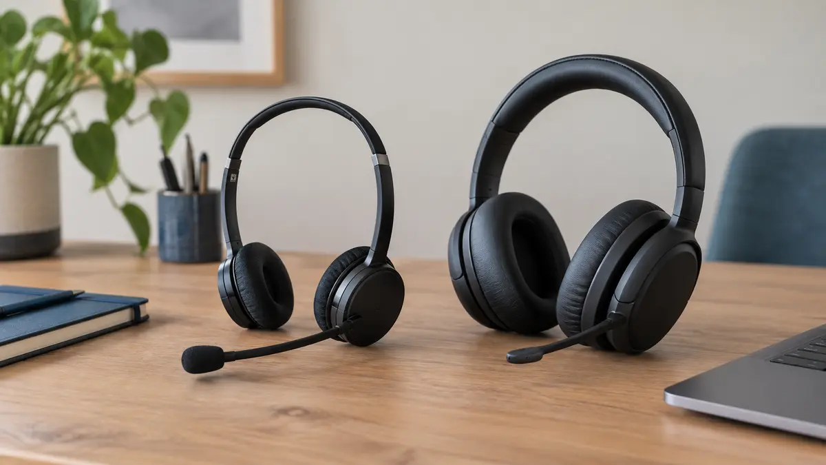 Headset on-ear compacto e headset over-ear com conchas maiores lado a lado sobre uma mesa de trabalho.