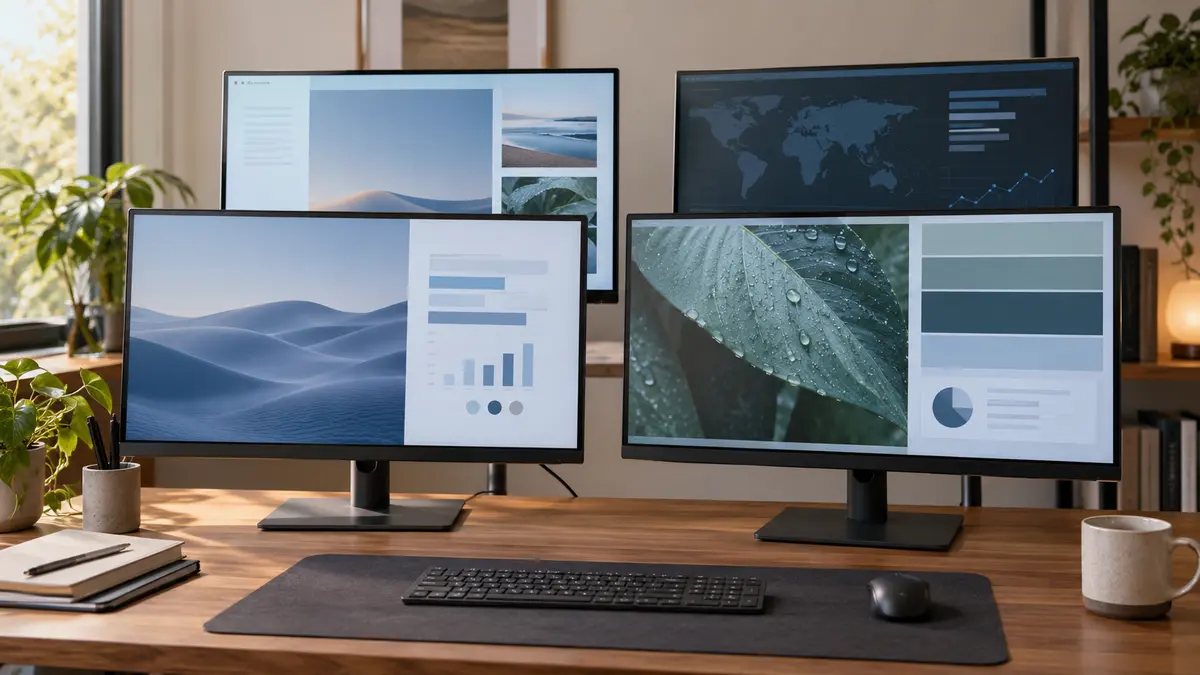 Quatro monitores em uma mesa de trabalho exibindo imagens, gráficos e informações