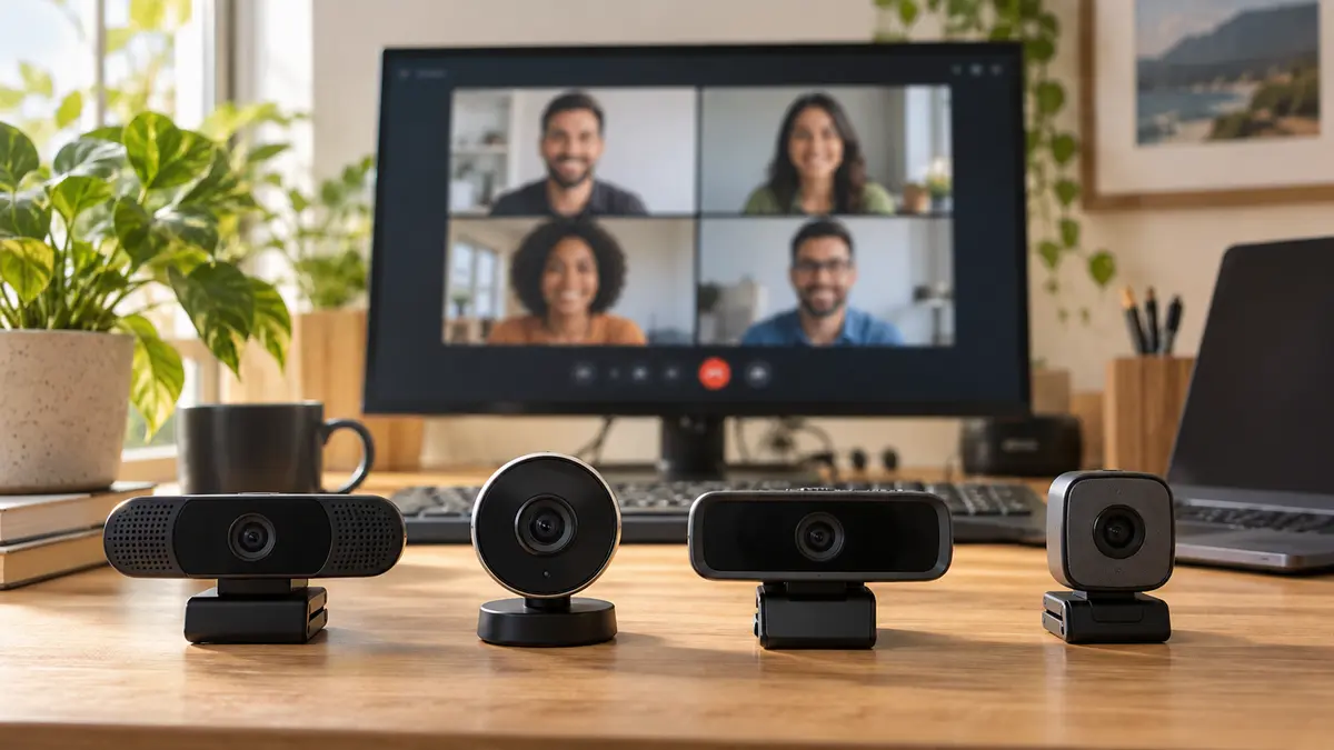 Quatro webcams alinhadas sobre uma mesa diante de um monitor com uma videochamada
