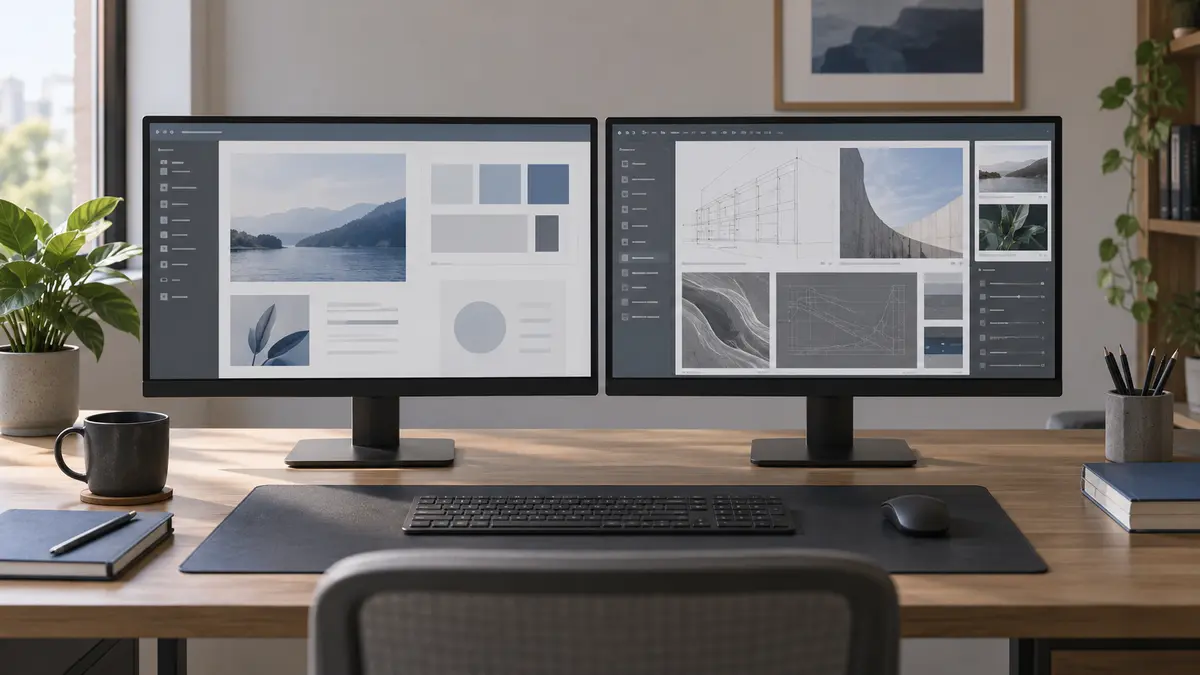 Dois monitores em uma mesa de trabalho representando as diferenças entre Full HD e QHD.