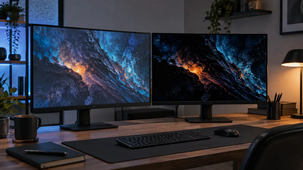 Dois monitores lado a lado em uma estação de trabalho, com diferenças de contraste na imagem.