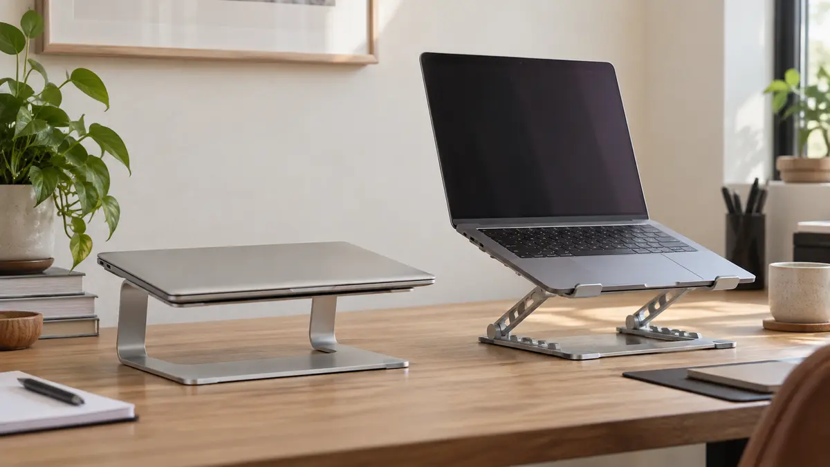 Suporte fixo e suporte ajustável para notebook posicionados lado a lado sobre uma mesa.