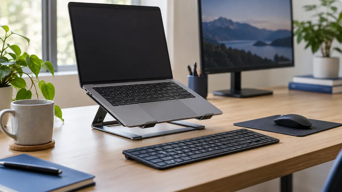 Notebook elevado em suporte ajustável com teclado e mouse externos sobre uma mesa de trabalho.