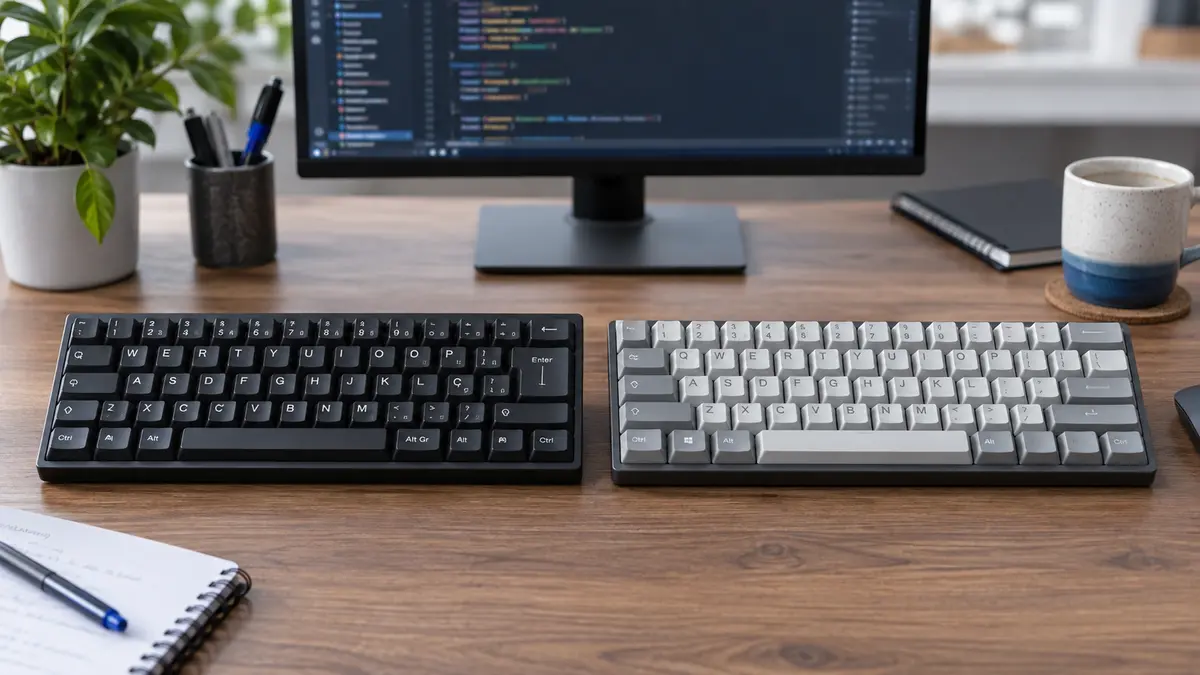 Dois teclados com layouts ABNT2 e ANSI diante de um monitor em uma mesa de trabalho.