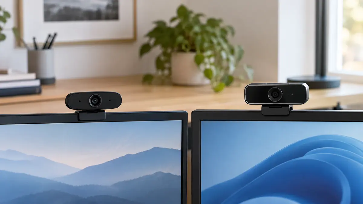 Duas webcams externas instaladas em monitores, representando a comparação entre Full HD e 4K.